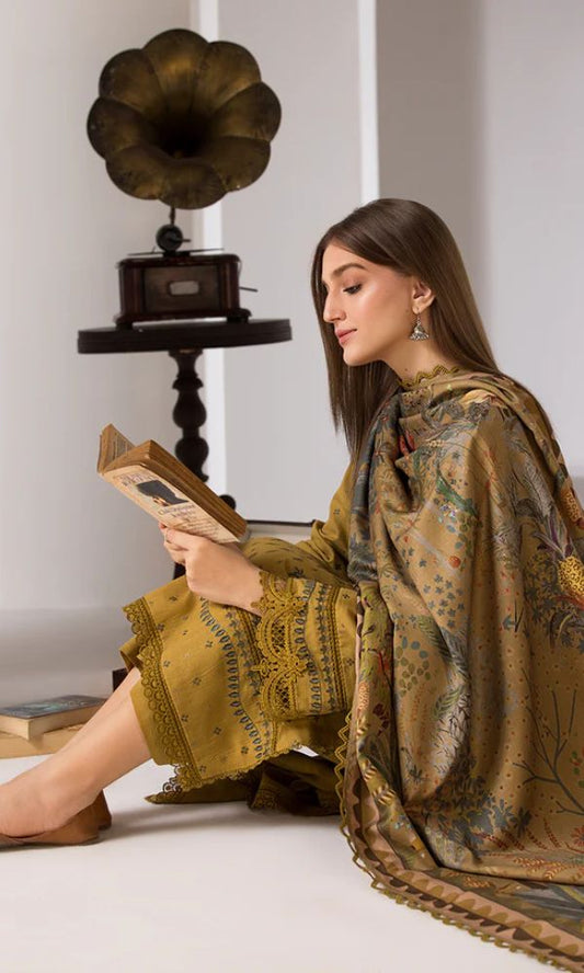 3pc unstitched heavy embroidered suit with poly lawn digital printed dupatta