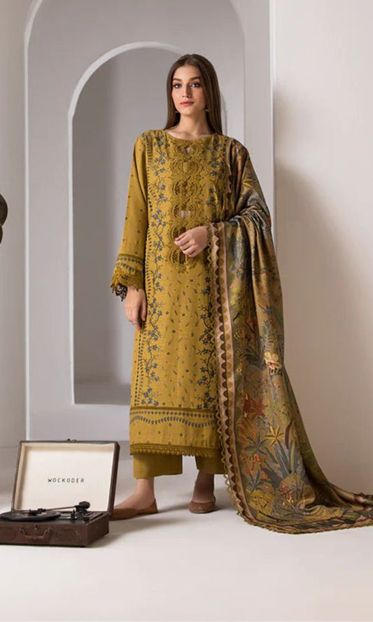 3pc unstitched heavy embroidered suit with poly lawn digital printed dupatta
